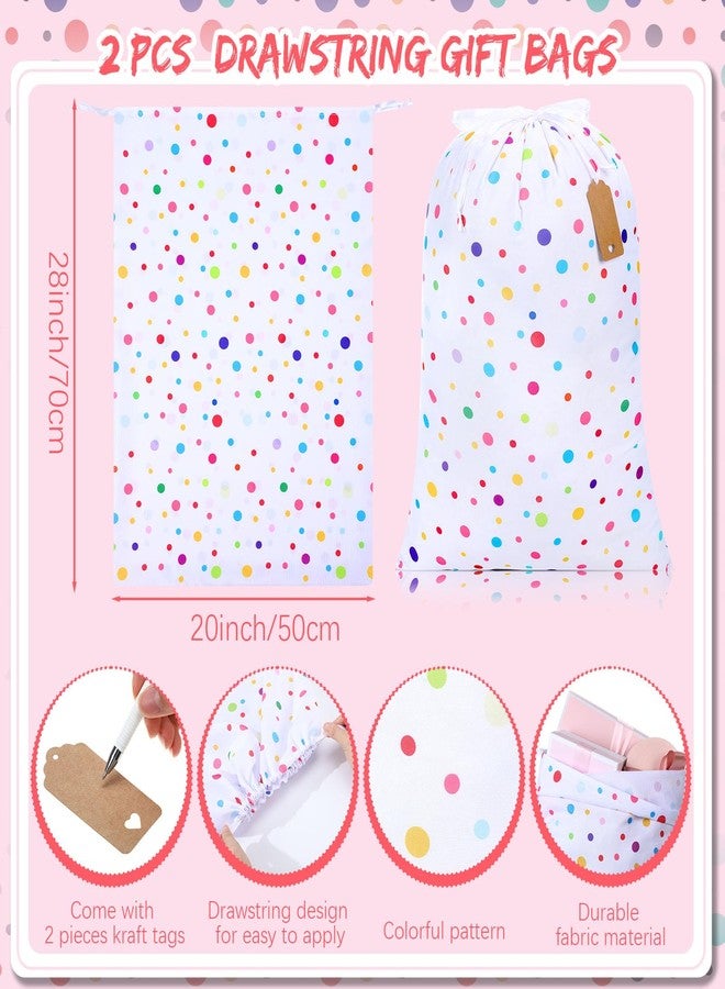 Pickmesh 2 Pcs Happy Birthday Drawstring Gift Bags 20 x 28 Inch Extra Large Baby Shower Bags Reusable Fabric Colorful Wrapping Pouches for Gender Reveal Supply Decor(Pastel, Polka Dots) - Image 2